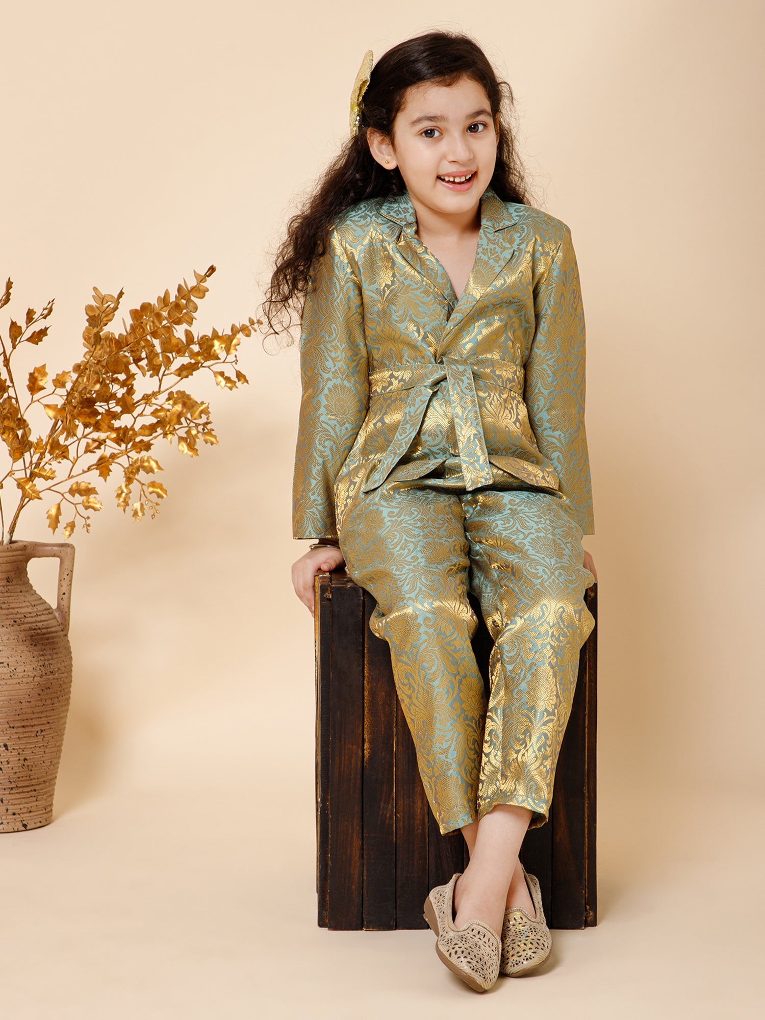 Piccolo-Silk Blazer And Pant Set With Belt-Gold