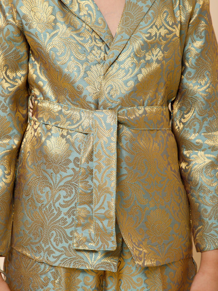 Piccolo-Silk Blazer And Pant Set With Belt-Gold