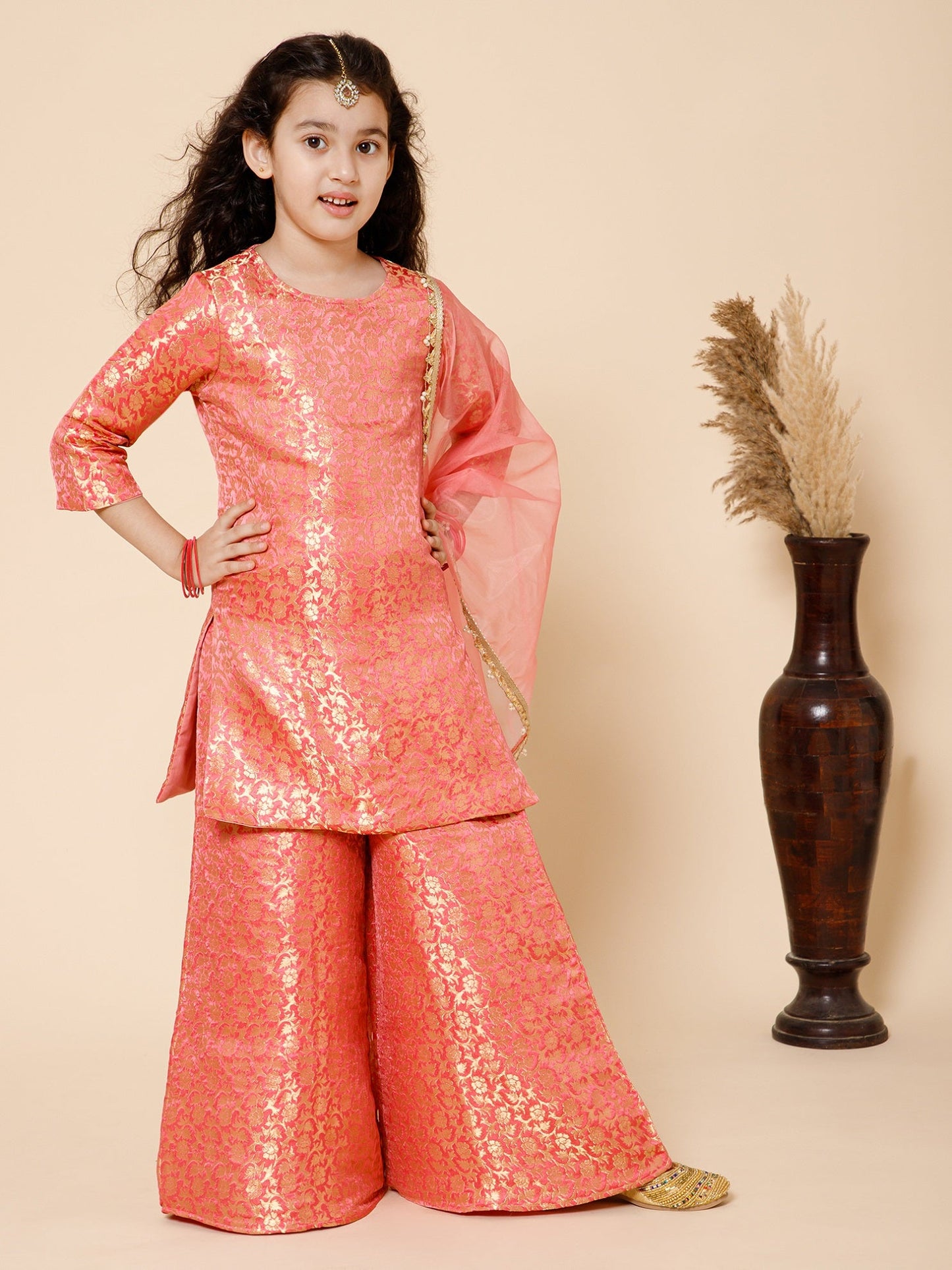 Girls Peach Brocade Silk Kurta Palazzo Set With Dupatta
