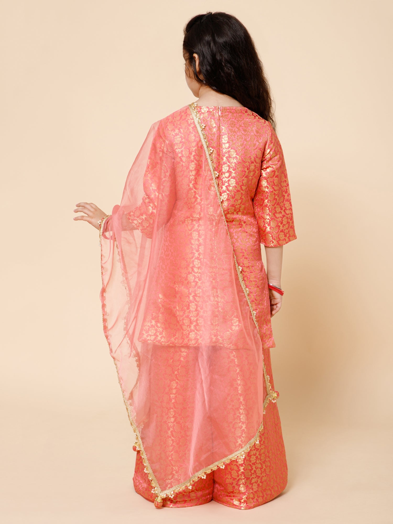 Piccolo-Silk Kurta Pallazzo Set With Organza Duppata-Pink