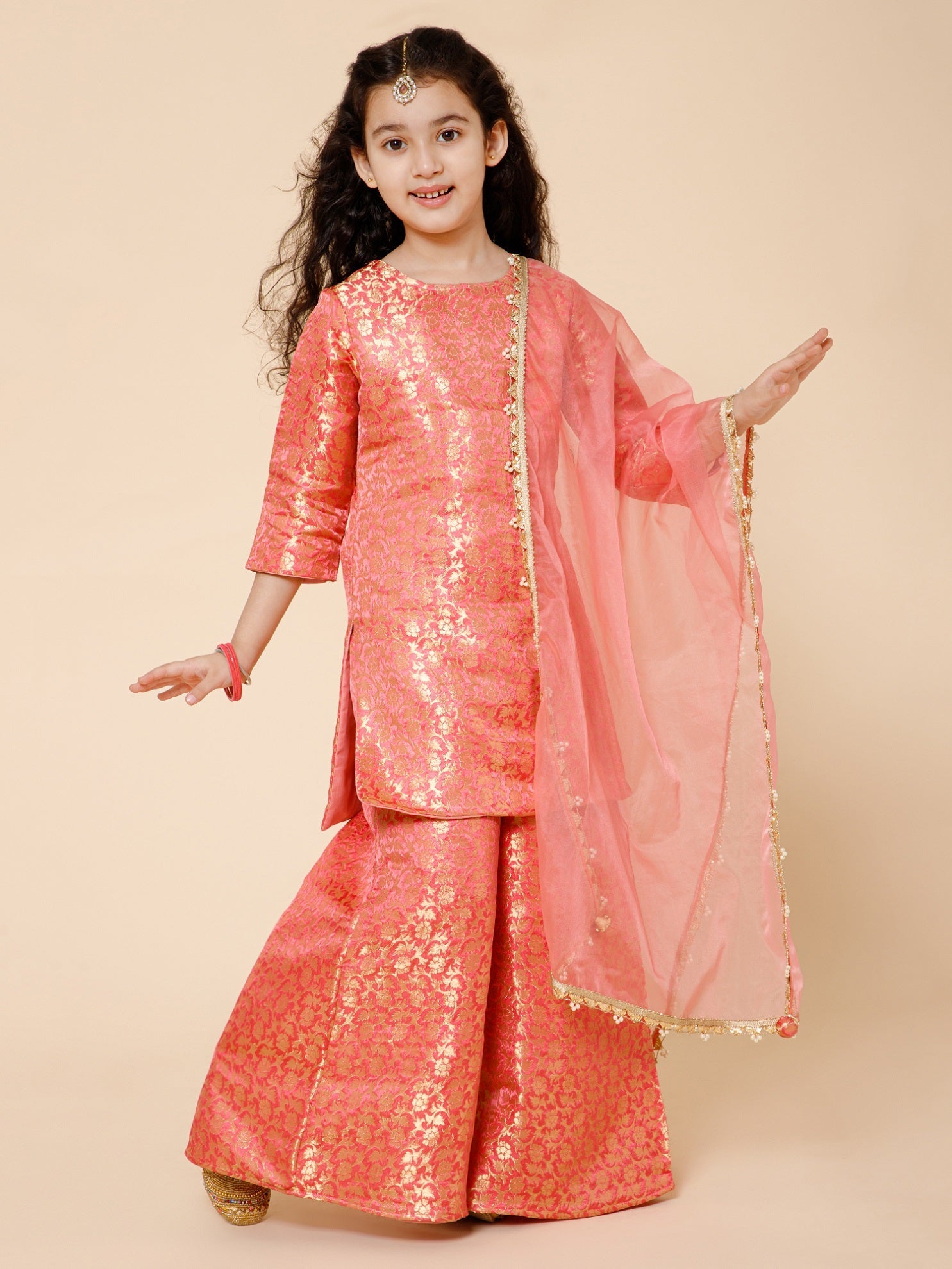 Piccolo-Silk Kurta Pallazzo Set With Organza Duppata-Pink
