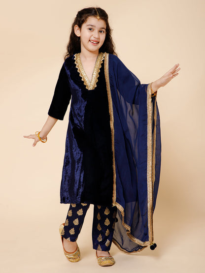 Girls Navy Blue Velvet Kurta, Brocade Pants And Organza Dupatta Set