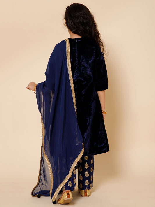 Girls Navy Blue Velvet Kurta, Brocade Pants And Organza Dupatta Set