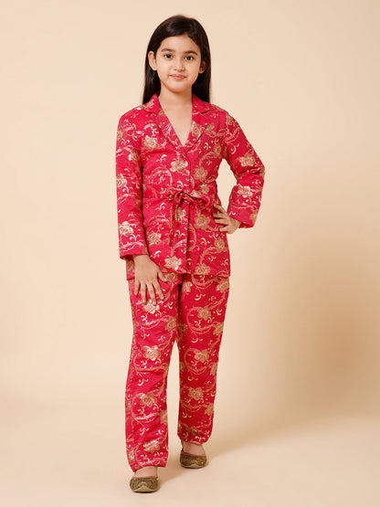 Girls Pink Floral Jacquard Silk Blazer Co-Ord Set