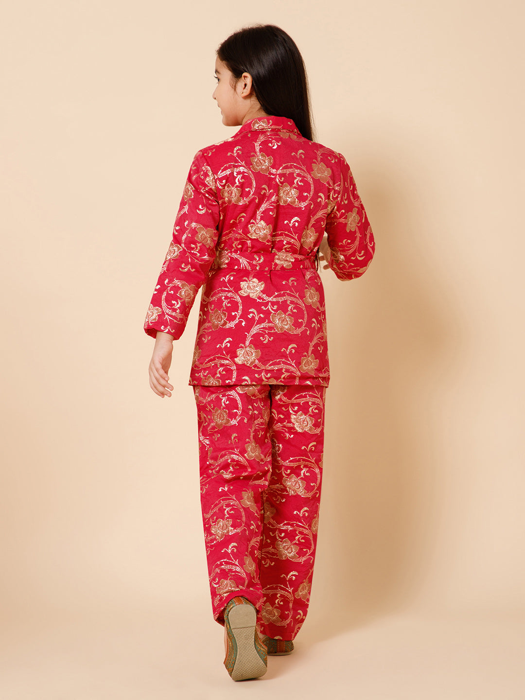 Piccolo-Silk Blazer Set With Pants And Belt-Pink