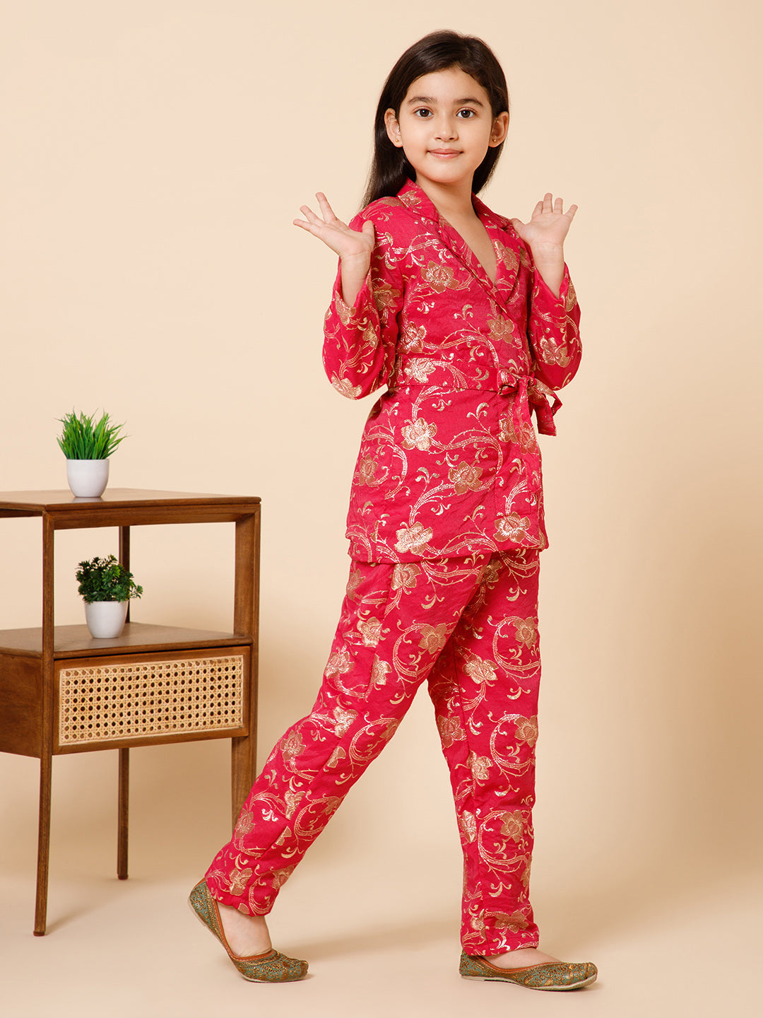 Girls Pink Floral Jacquard Silk Blazer Co-Ord Set