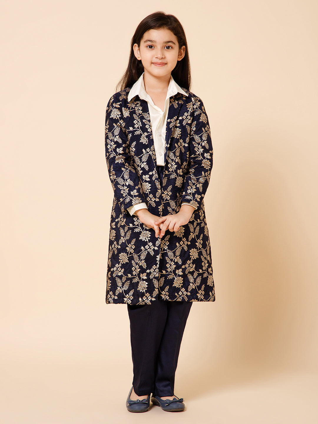 Piccolo-Silk Long Jacket With Shirt And Trousers -Blue