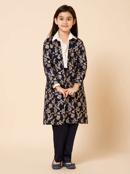 Piccolo-Silk Long Jacket With Shirt And Trousers -Blue