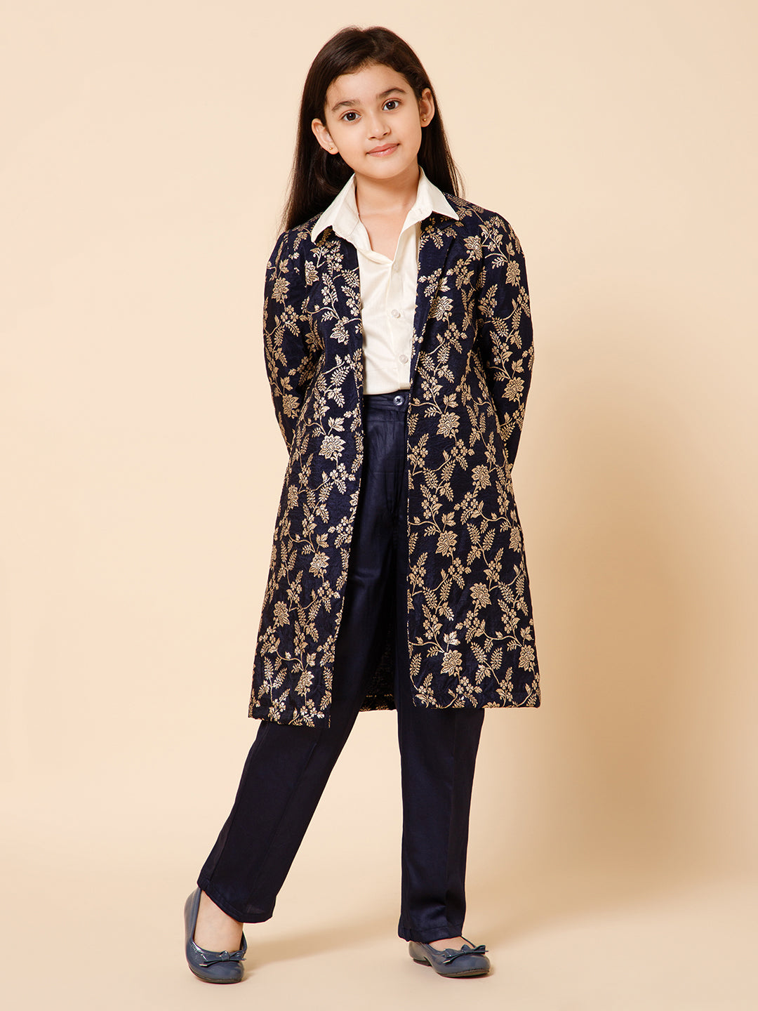 Piccolo-Silk Long Jacket With Shirt And Trousers -Blue