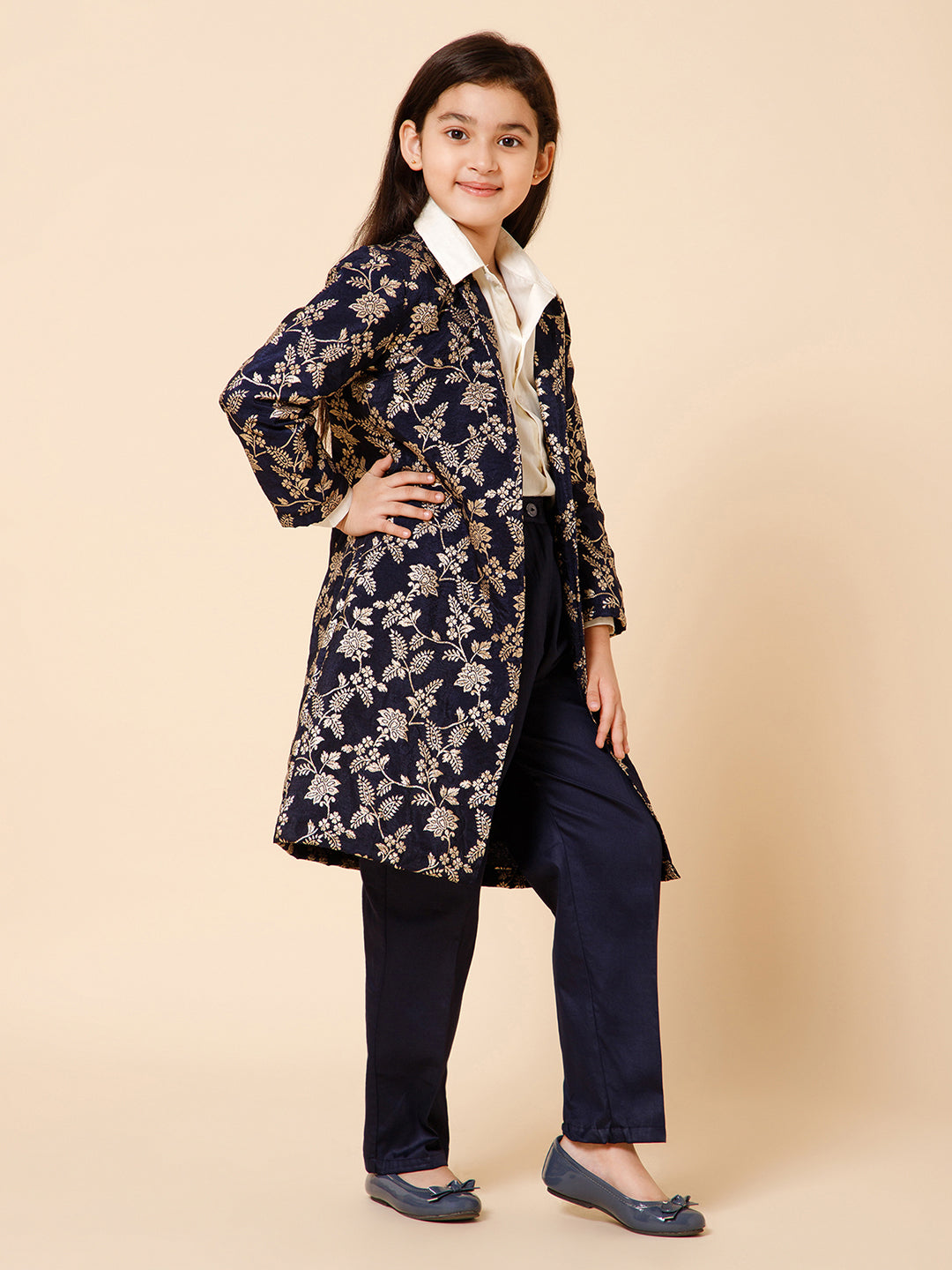 Piccolo-Silk Long Jacket With Shirt And Trousers -Blue