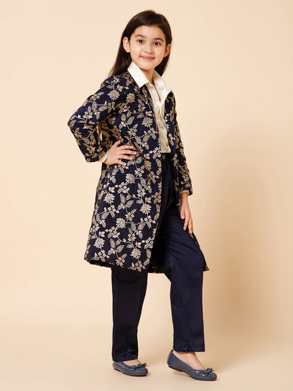 Piccolo-Silk Long Jacket With Shirt And Trousers -Blue