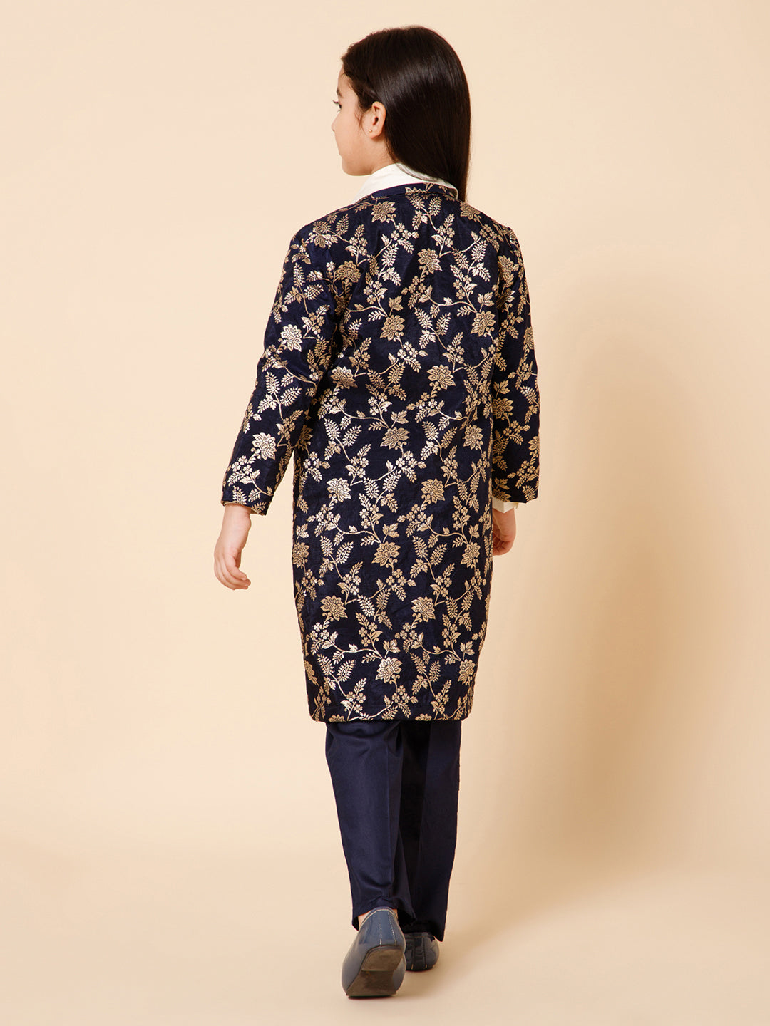 Piccolo-Silk Long Jacket With Shirt And Trousers -Blue