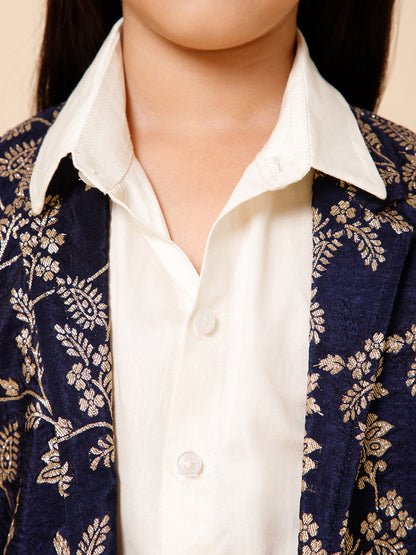 Piccolo-Silk Long Jacket With Shirt And Trousers -Blue