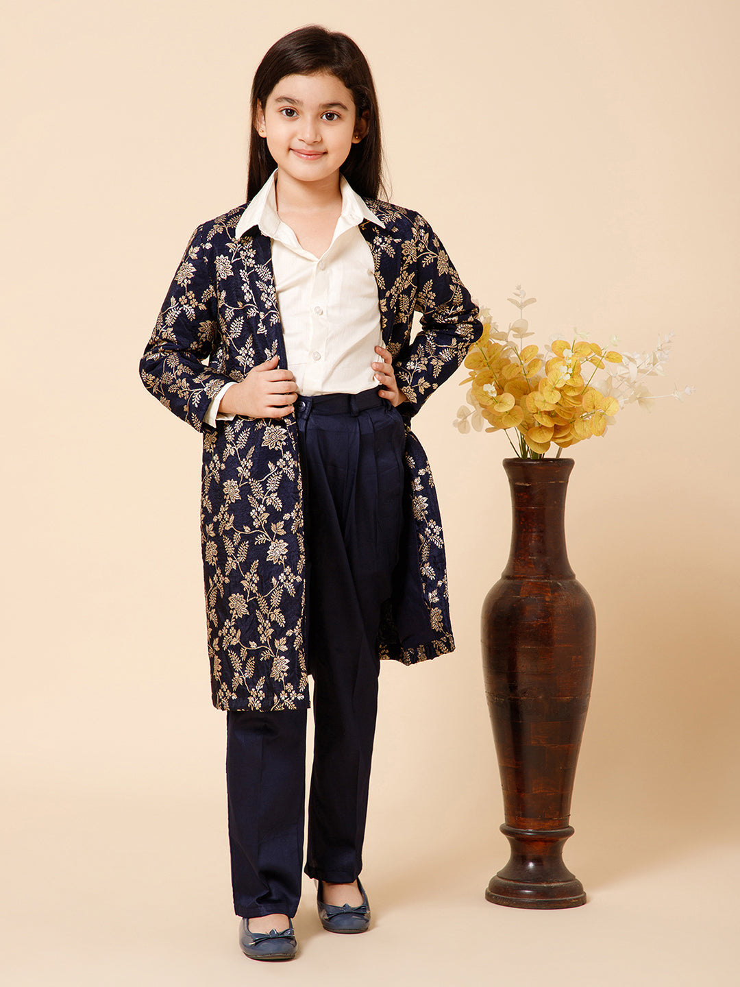 Piccolo-Silk Long Jacket With Shirt And Trousers -Blue