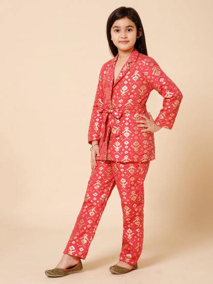 Girls Floral Jacquard Silk Blazer Co-Ord Set