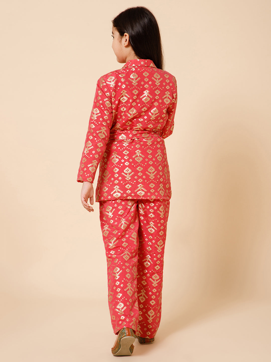 Piccolo-Silk Blazer Set With Pants And Belt-Pink
