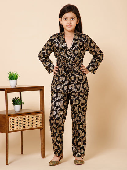 Girls Paisley Jacquard Silk Black and Gold Blazer Co-Ord Set