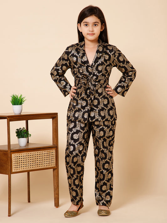 Girls Paisley Jacquard Silk Black and Gold Blazer Co-Ord Set