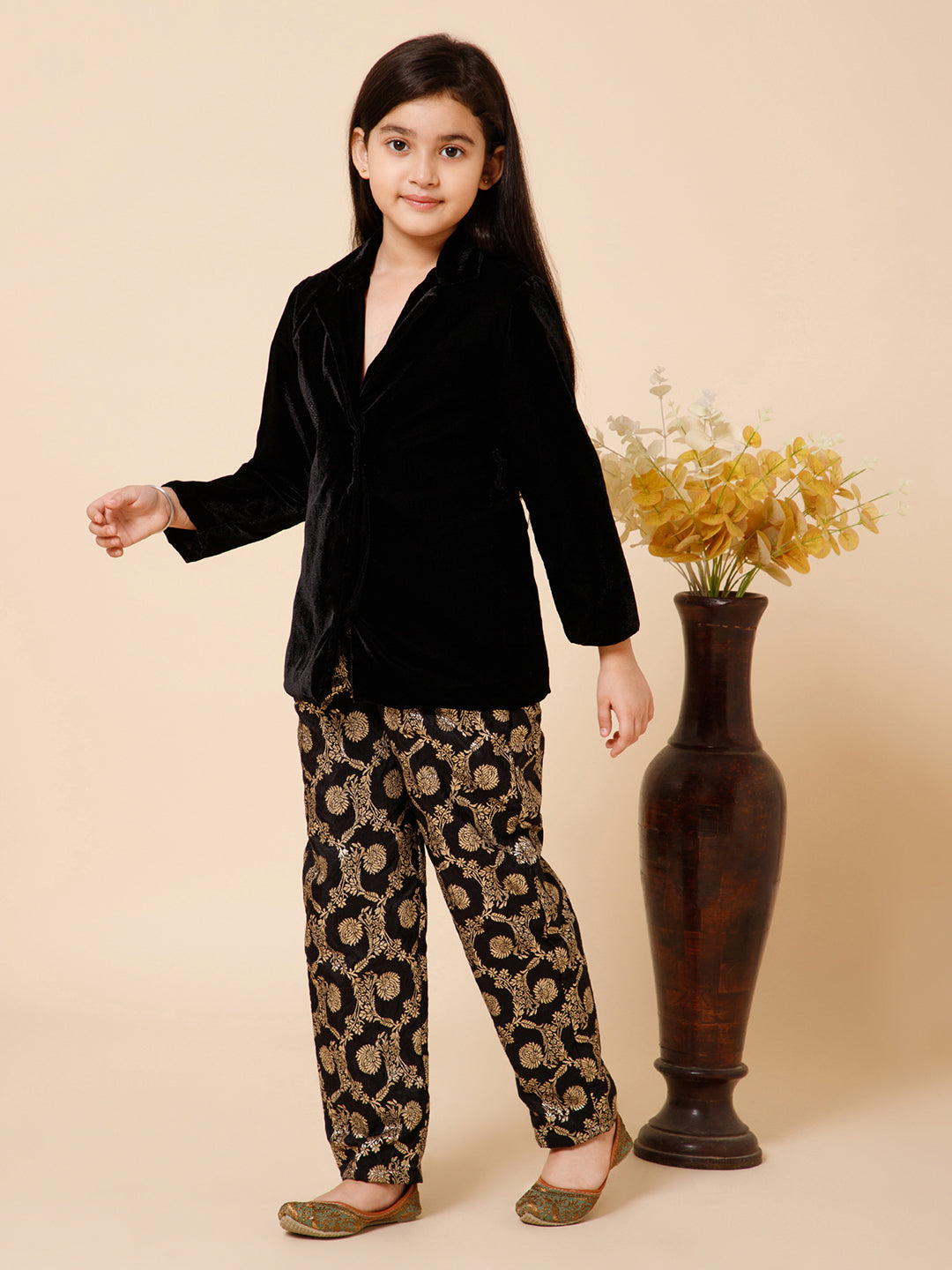 Girls Velvet Blazer With Printed Silk Trousers &amp; Belt