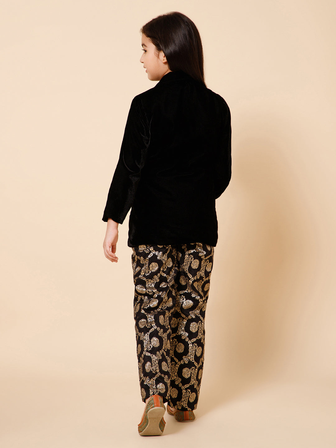 Girls Velvet Blazer With Printed Silk Trousers &amp; Belt