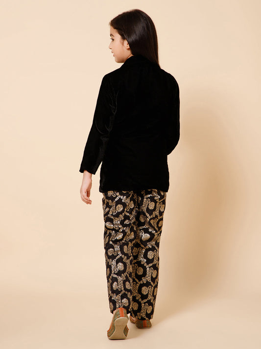 Girls Velvet Blazer With Printed Silk Trousers &amp; Belt