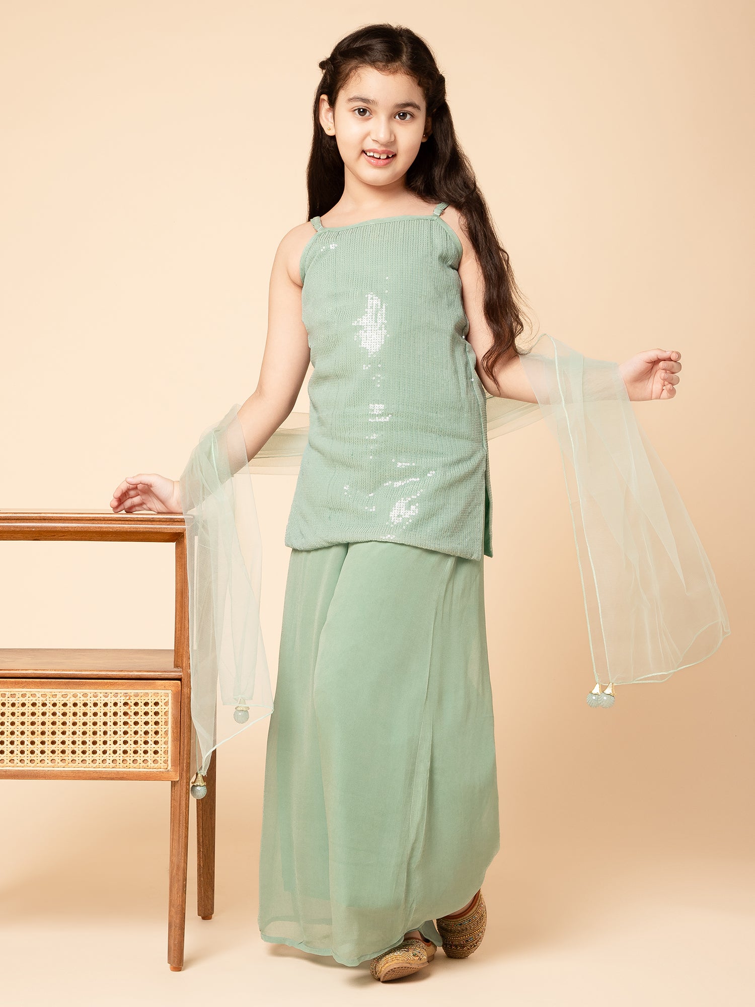 Piccolo Sequins Kurta And Palazzo With Dupatta Set  - Green
