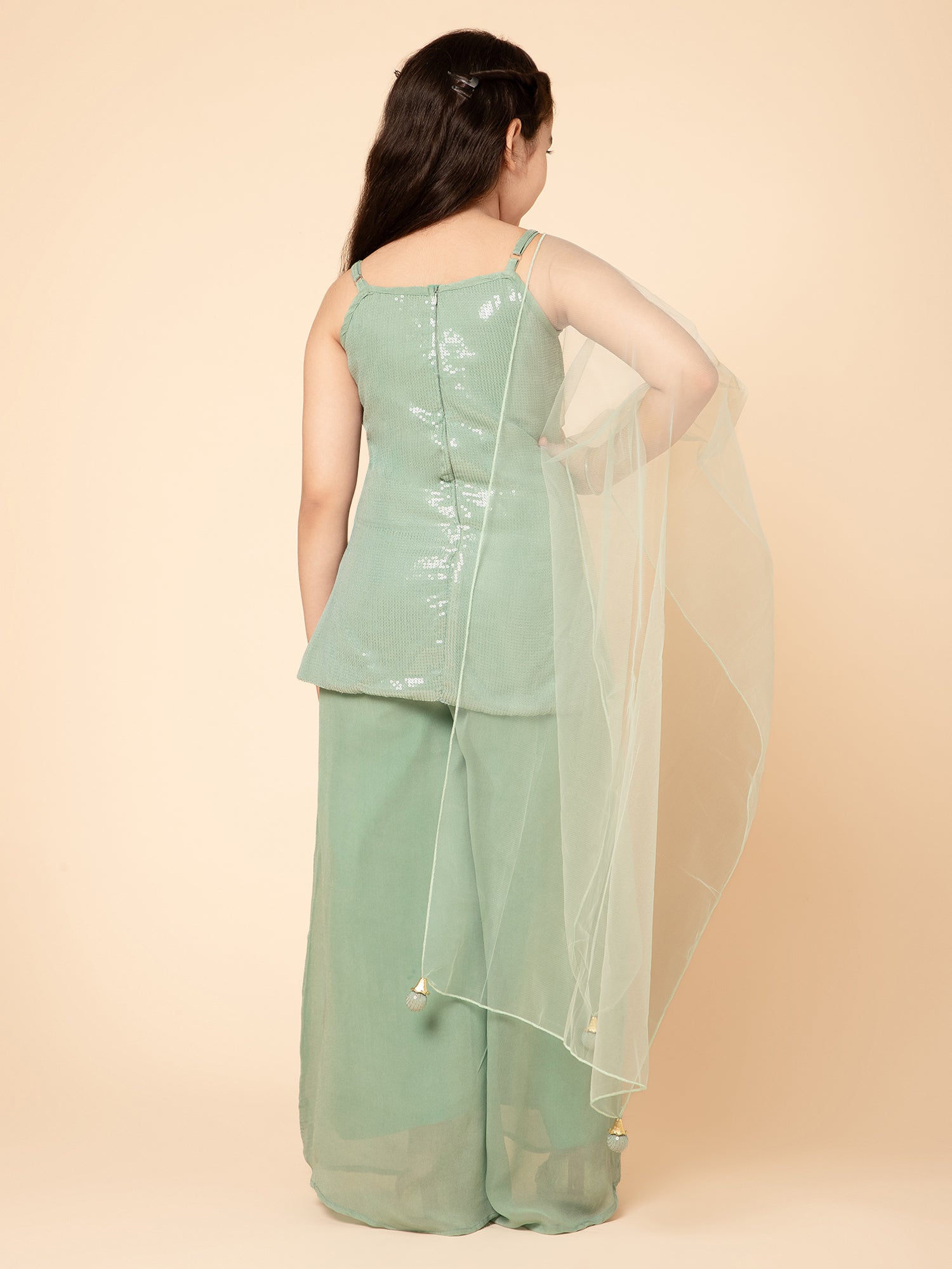 Piccolo Sequins Kurta And Palazzo With Dupatta Set  - Green
