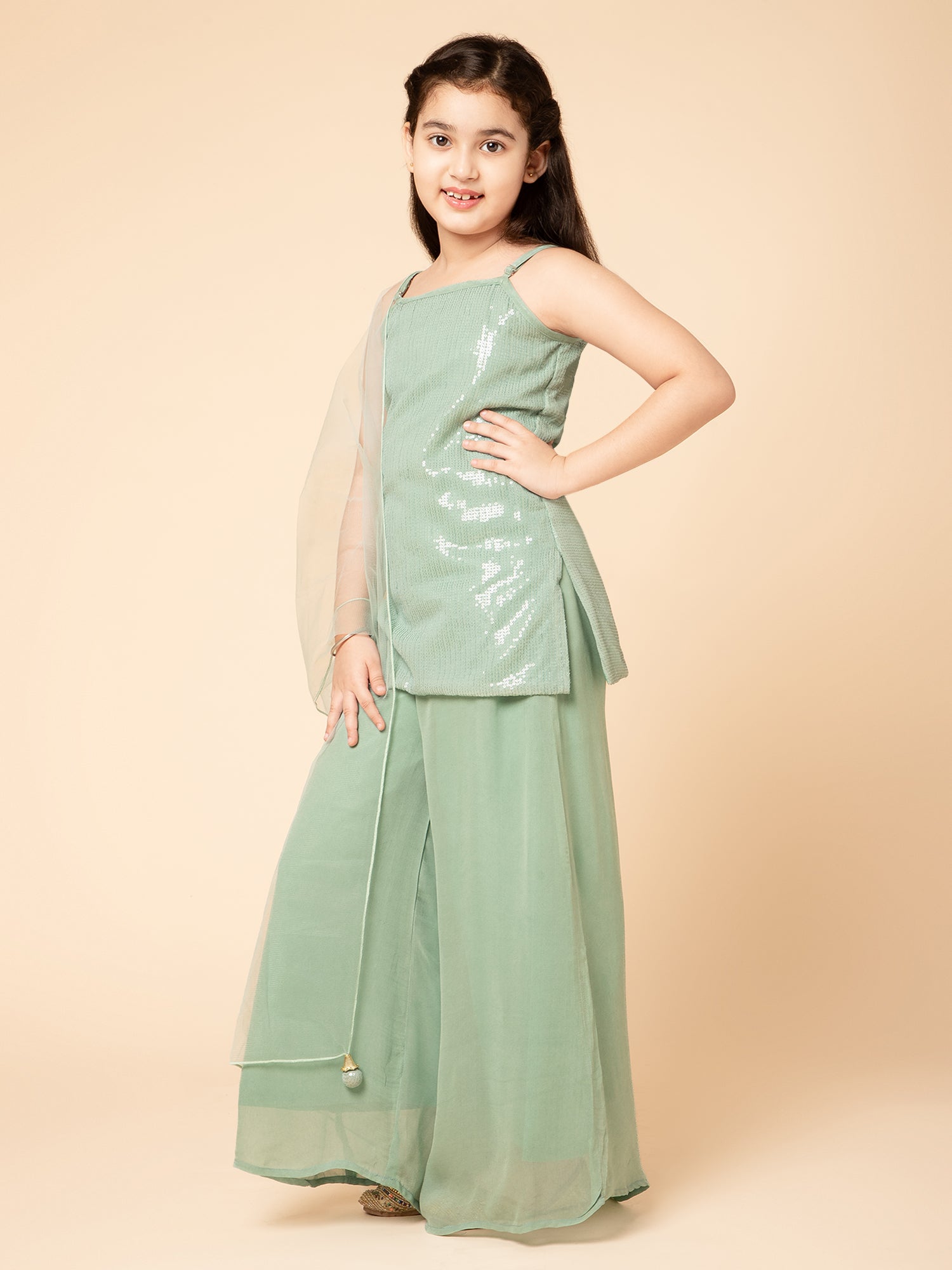 Piccolo Sequins Kurta And Palazzo With Dupatta Set  - Green