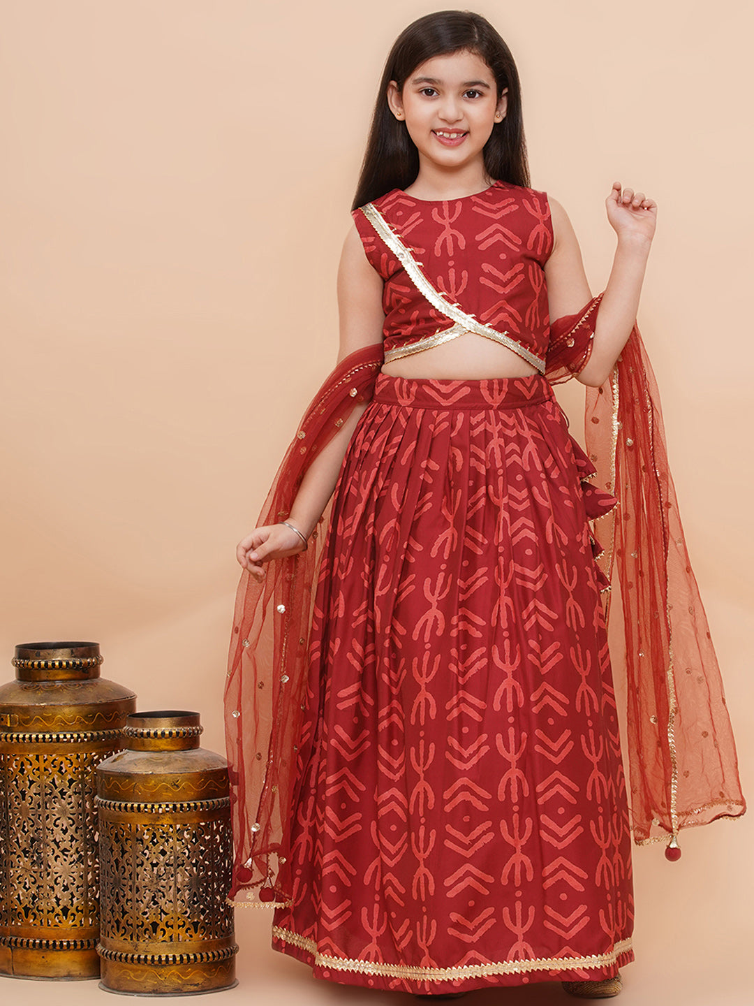 Girls Maroon Geometric Print Cambric Cotton Lehenga Set With Dupatta