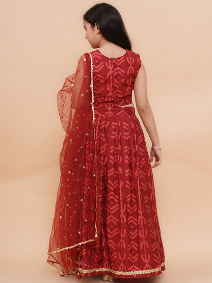 Girls Maroon Geometric Print Cambric Cotton Lehenga Set With Dupatta
