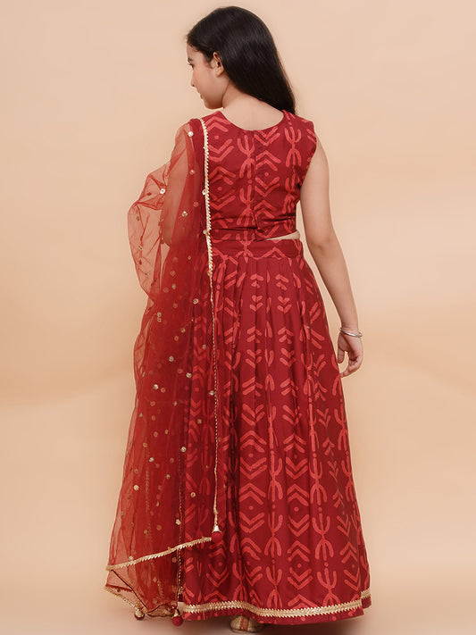 Girls Maroon Geometric Print Cambric Cotton Lehenga Set With Dupatta