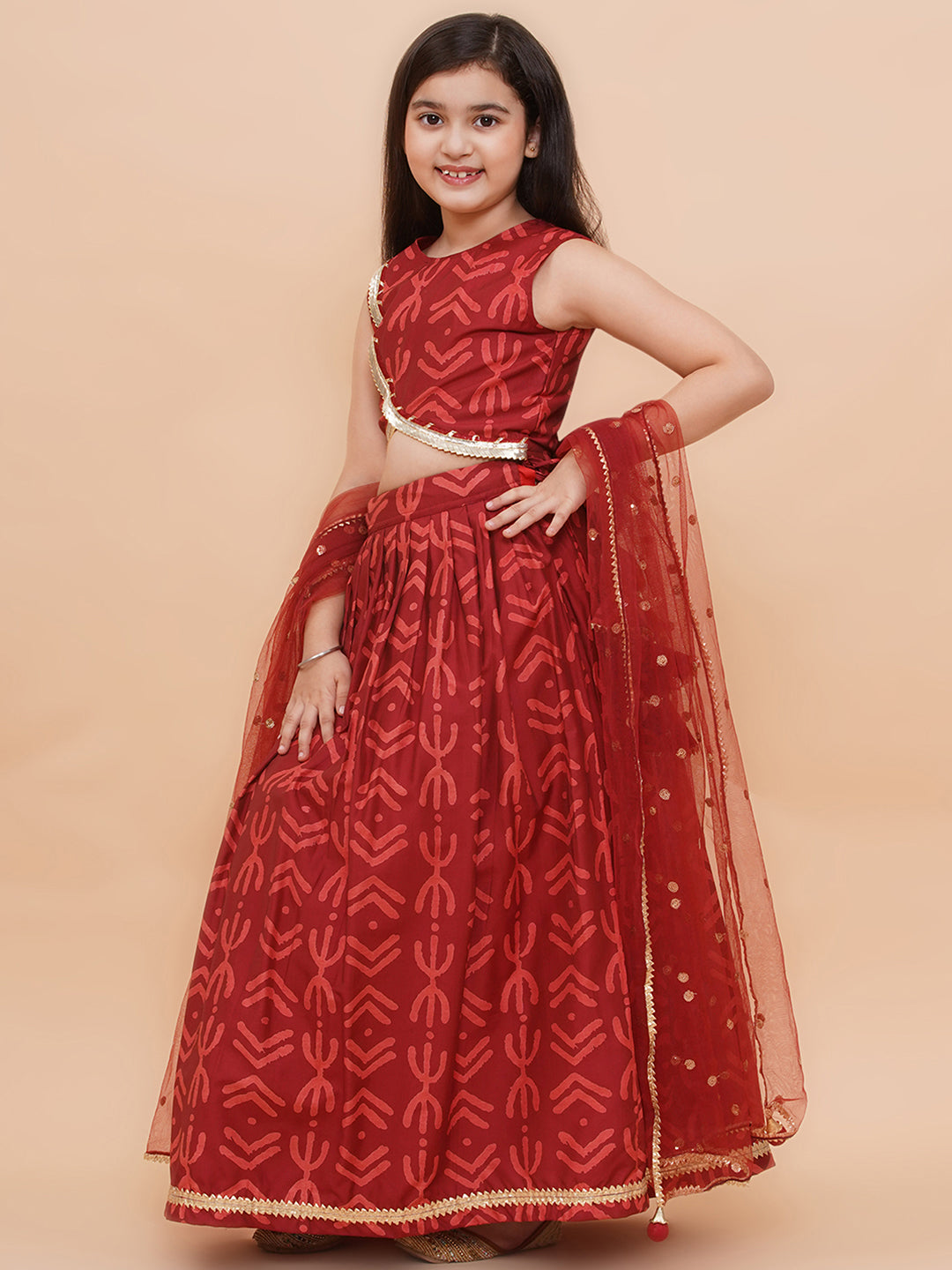 Girls Maroon Geometric Print Cambric Cotton Lehenga Set With Dupatta