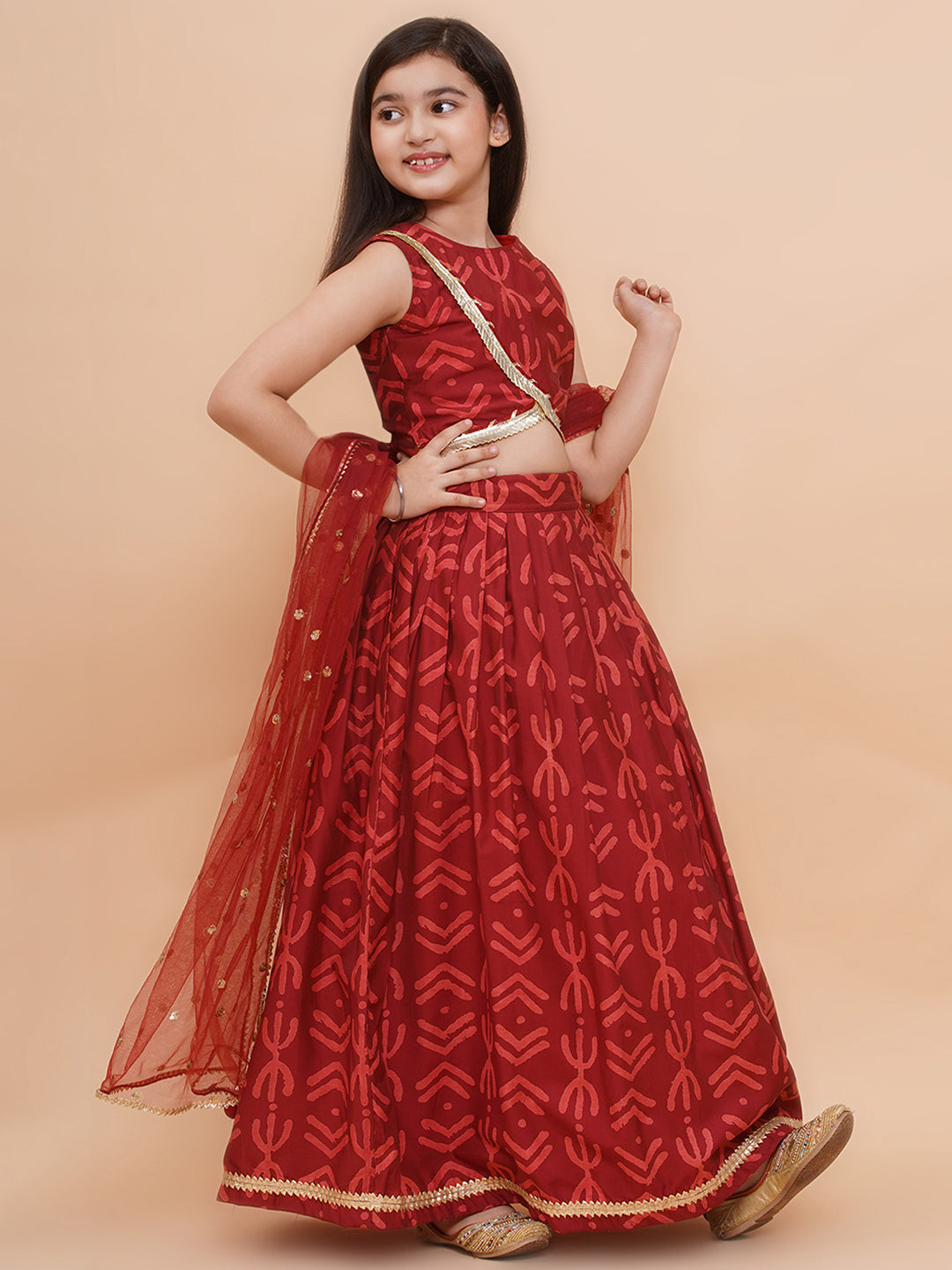 Girls Maroon Geometric Print Cambric Cotton Lehenga Set With Dupatta