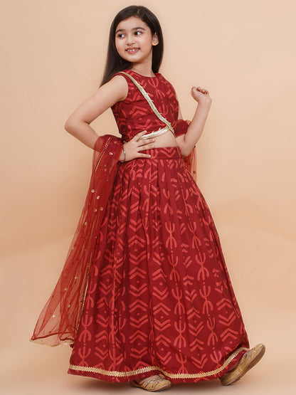 Girls Maroon Geometric Print Cambric Cotton Lehenga Set With Dupatta