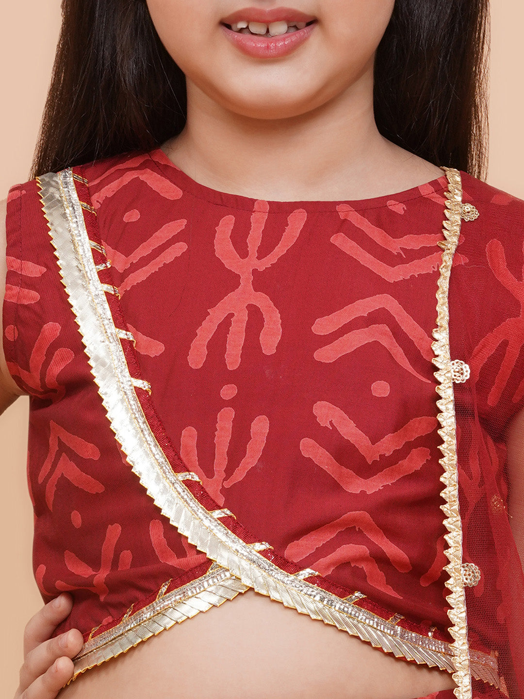 Girls Maroon Geometric Print Cambric Cotton Lehenga Set With Dupatta