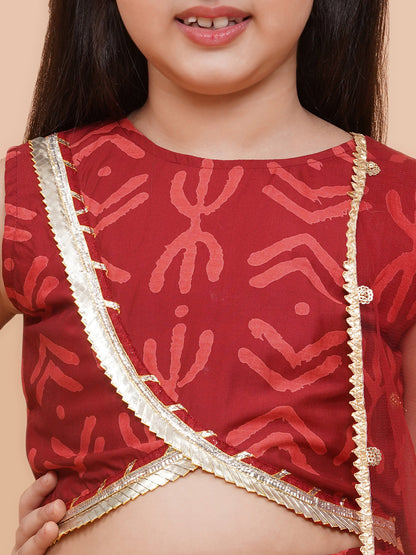 Girls Maroon Geometric Print Cambric Cotton Lehenga Set With Dupatta