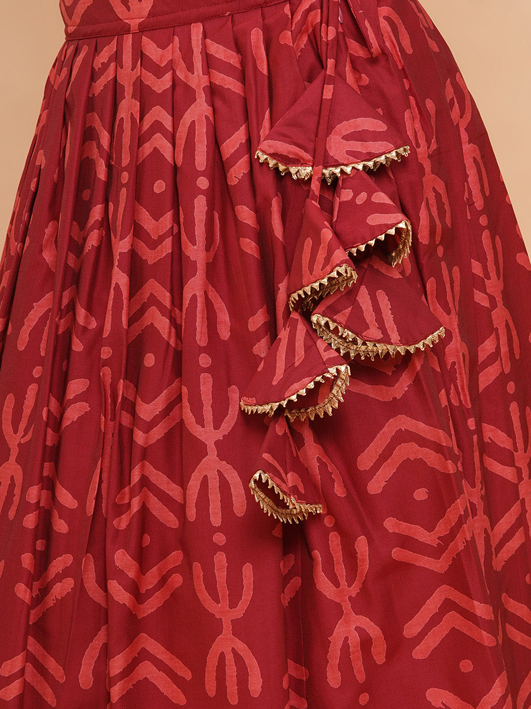 Girls Maroon Geometric Print Cambric Cotton Lehenga Set With Dupatta