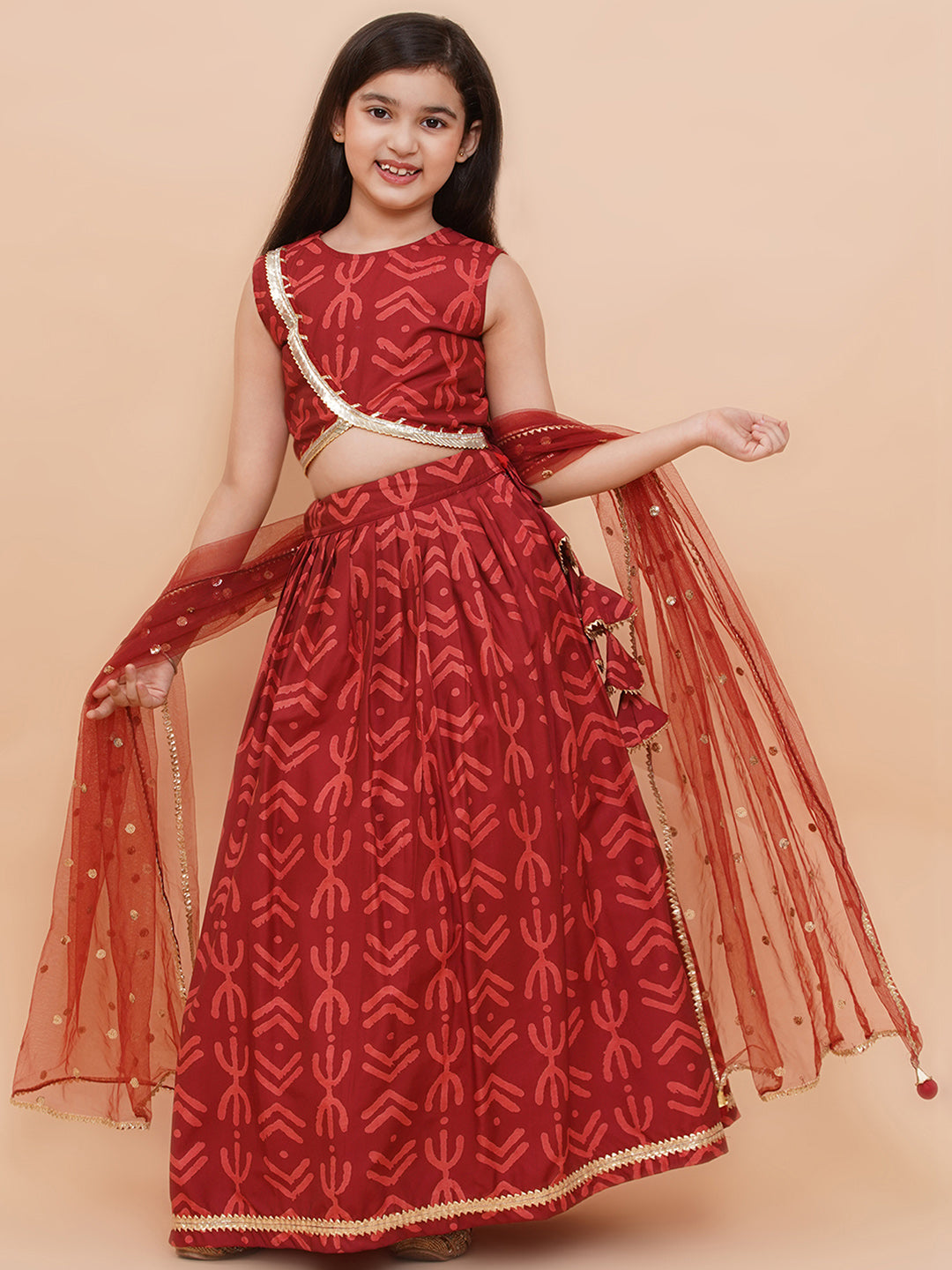 Girls Maroon Geometric Print Cambric Cotton Lehenga Set With Dupatta
