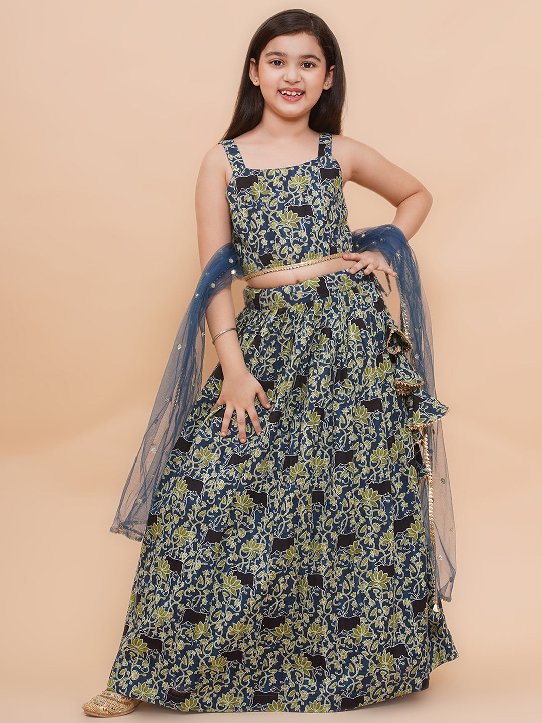 Girls Blue Floral Motif Cambric Cotton Lehenga Set With Dupatta