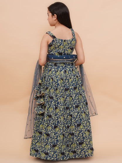 Girls Blue Floral Motif Cambric Cotton Lehenga Set With Dupatta