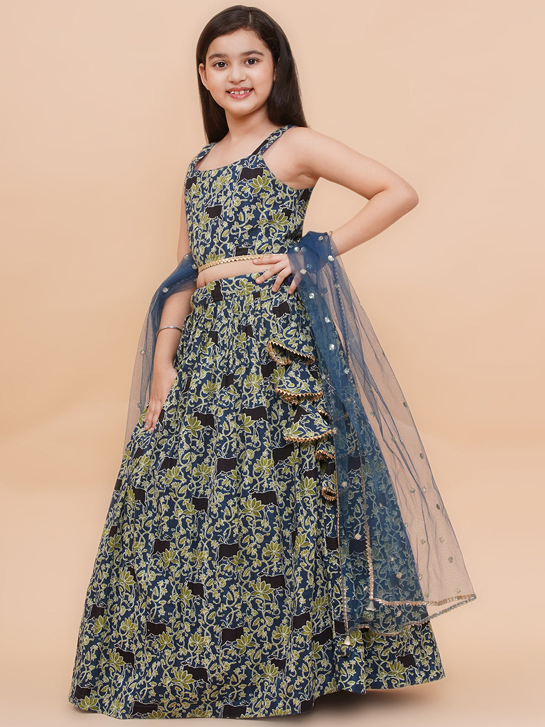 Girls Blue Floral Motif Cambric Cotton Lehenga Set With Dupatta
