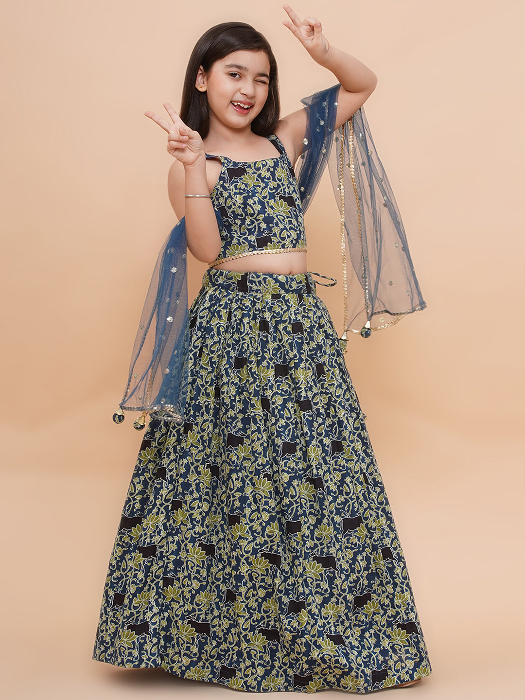 Girls Blue Floral Motif Cambric Cotton Lehenga Set With Dupatta