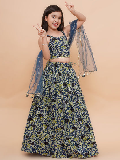 Girls Blue Floral Motif Cambric Cotton Lehenga Set With Dupatta