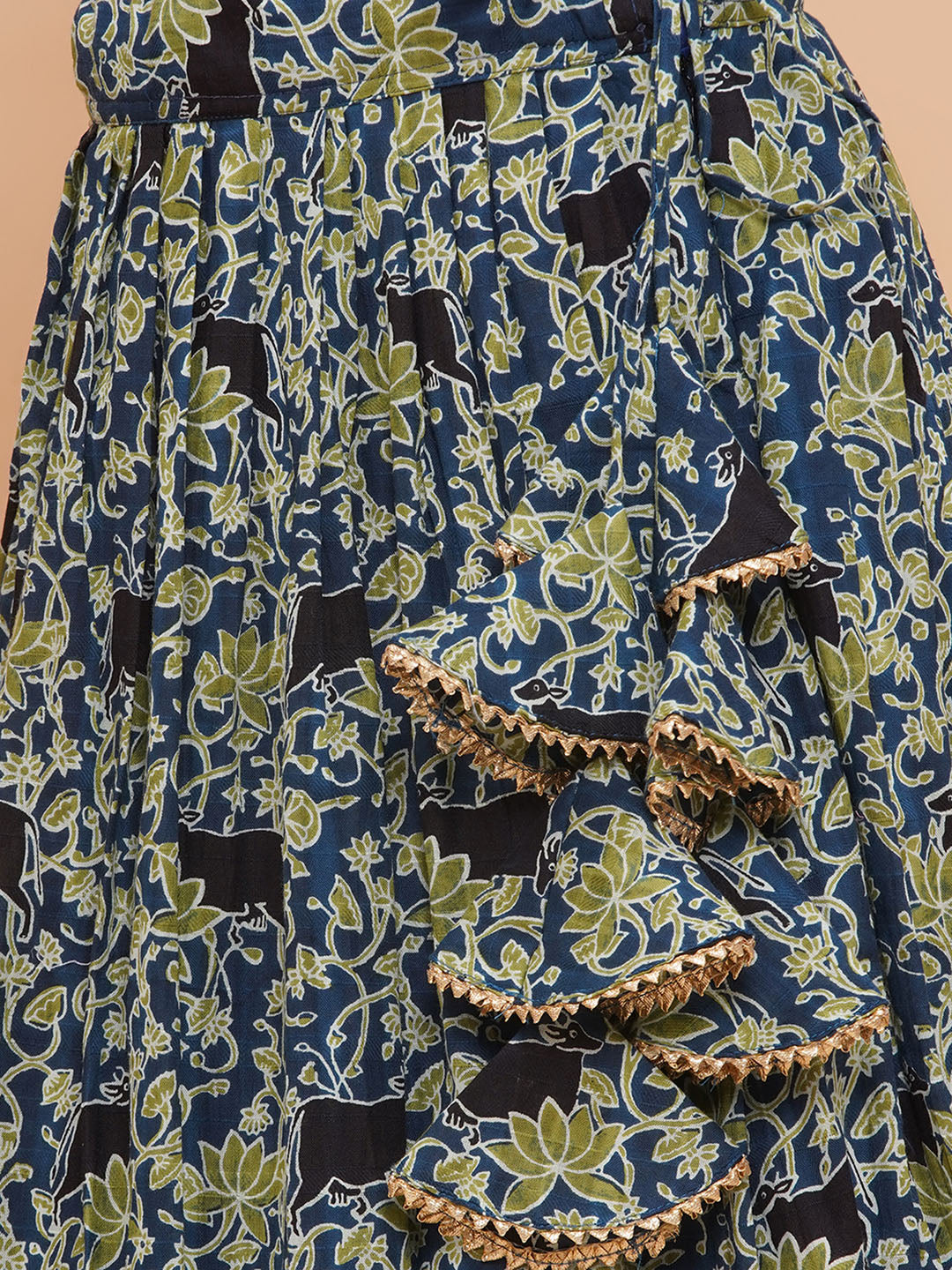 Girls Blue Floral Motif Cambric Cotton Lehenga Set With Dupatta