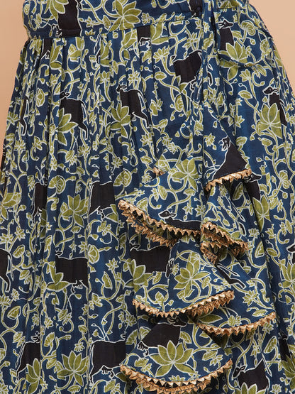 Girls Blue Floral Motif Cambric Cotton Lehenga Set With Dupatta