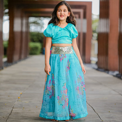 Girls Turquoise Blue Floral Lehenga Choli Set Embellished With Mirrors