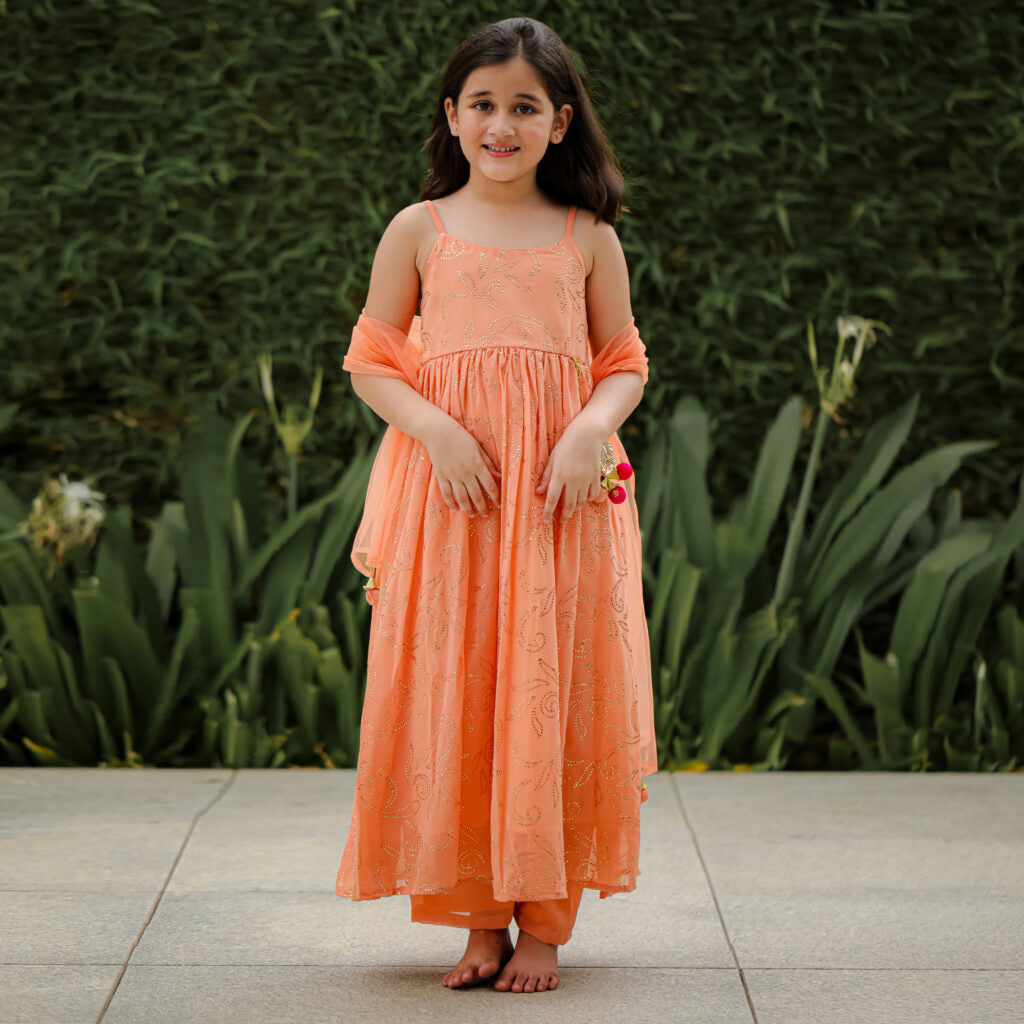 Peach Colored Mukesh Work Kurta Pants With Net Duptta - Set