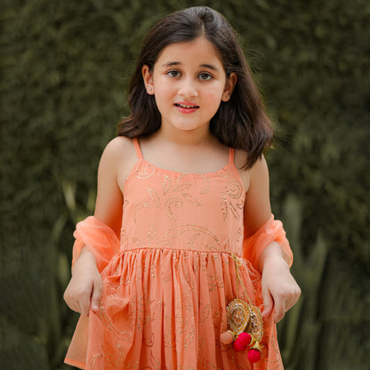 Peach Colored Mukesh Work Kurta Pants With Net Duptta - Set