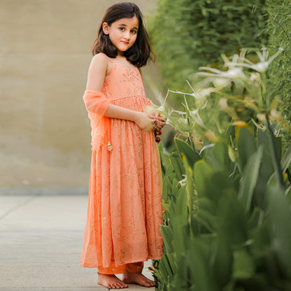 Peach Colored Mukesh Work Kurta Pants With Net Duptta - Set