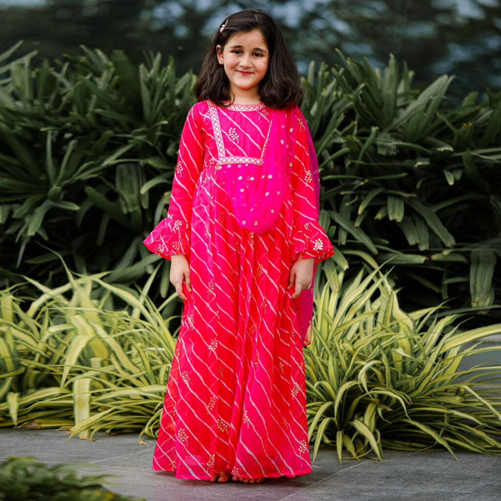 Girls Pink Bandhani Print Organza Gown With Dupatta